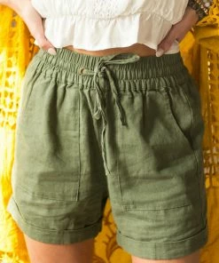 ZENANA Olive Drawstring Cuffed Linen Shorts