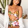 Davi & Dani Olive And Pink Tropical Cut Out Knot Swimsuit