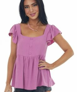 Hailey & Co Orchid Babydoll Button Top With Ruffle Cap Sleeves