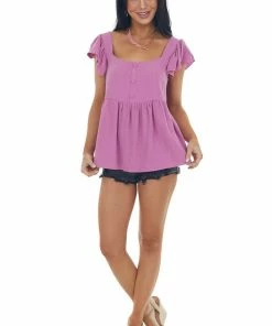 Hailey & Co Orchid Babydoll Button Top With Ruffle Cap Sleeves