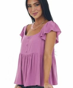 Hailey & Co Orchid Babydoll Button Top With Ruffle Cap Sleeves