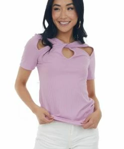 BiBi Tops Orchid Ribbed Knit Top With Front Twist Detail