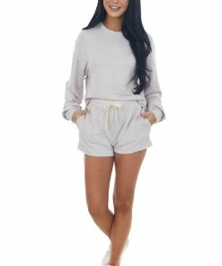 HYFVE Tops Pale Lavender Long Sleeve Knit Top And Shorts Set