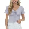 Ces Femme Pale Lavender Ruched Front Short Sleeve Knit Top Tops