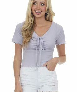 Ces Femme Pale Lavender Ruched Front Short Sleeve Knit Top Tops