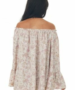 143 Story Tops Pale Mauve Floral Off Shoulder Bell Sleeve Top