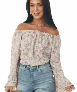 143 Story Tops Pale Mauve Floral Off Shoulder Bell Sleeve Top