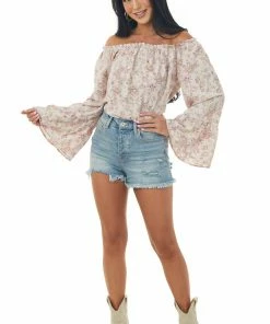 143 Story Tops Pale Mauve Floral Off Shoulder Bell Sleeve Top