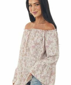 143 Story Tops Pale Mauve Floral Off Shoulder Bell Sleeve Top