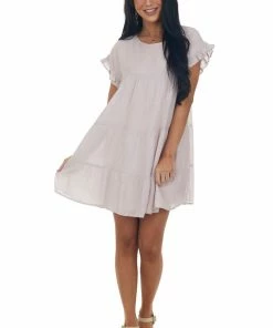 Sweet Lemon Dresses Pale Mauve Tiered Babydoll Woven Mini Dress
