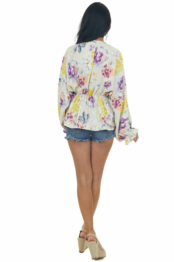 Entro Pale Oatmeal Abstract Print Cinch Waist Blouse Tops 9 Entro Pale Oatmeal Abstract Print Cinch Waist Blouse Tops