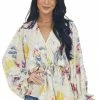 Entro Pale Oatmeal Abstract Print Cinch Waist Blouse Tops