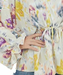 Entro Pale Oatmeal Abstract Print Cinch Waist Blouse Tops 22 Entro Pale Oatmeal Abstract Print Cinch Waist Blouse Tops
