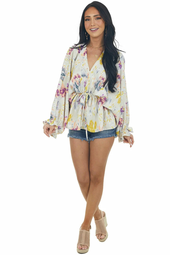 Entro Pale Oatmeal Abstract Print Cinch Waist Blouse Tops 7 Entro Pale Oatmeal Abstract Print Cinch Waist Blouse Tops