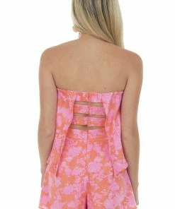 Do + Be Dresses Pale Tangerine Floral Print Strapless Woven Romper