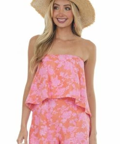 Do + Be Dresses Pale Tangerine Floral Print Strapless Woven Romper