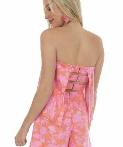 Do + Be Dresses Pale Tangerine Floral Print Strapless Woven Romper