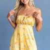 Peach Love Pale Amber Floral Print Ruched Bust Mini Dress