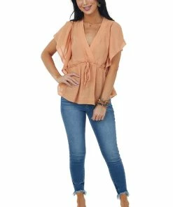 Kori America Papaya Short Sleeve Surplice Ruffle Woven Top Tops 10 Kori America Papaya Short Sleeve Surplice Ruffle Woven Top Tops