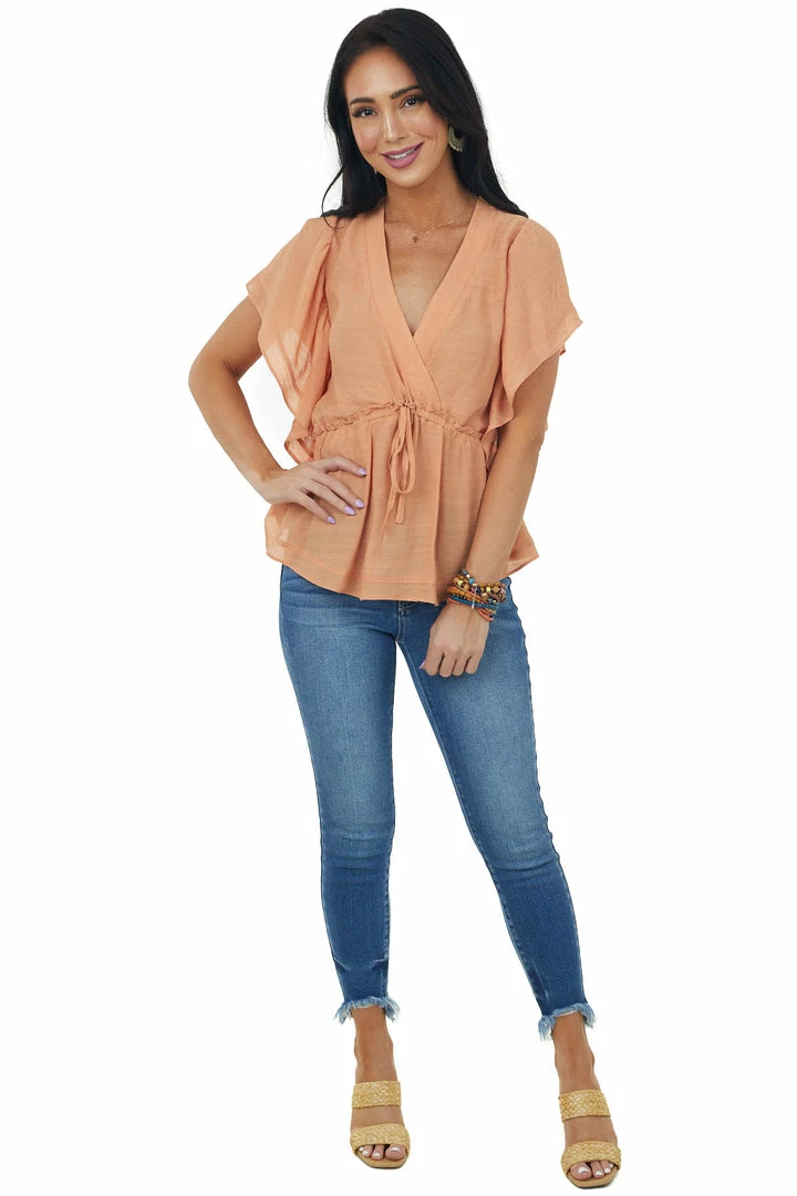 Kori America Papaya Short Sleeve Surplice Ruffle Woven Top Tops 5 Kori America Papaya Short Sleeve Surplice Ruffle Woven Top Tops