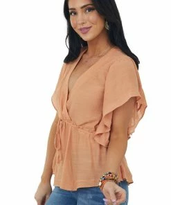 Kori America Papaya Short Sleeve Surplice Ruffle Woven Top Tops 11 Kori America Papaya Short Sleeve Surplice Ruffle Woven Top Tops