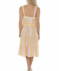 Umgee Dresses Papaya Striped Square Neck Tiered Midi Dress