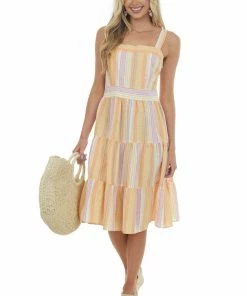 Umgee Dresses Papaya Striped Square Neck Tiered Midi Dress