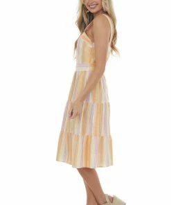 Umgee Dresses Papaya Striped Square Neck Tiered Midi Dress