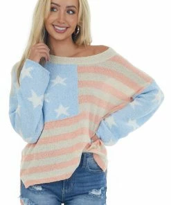 POL Clothing Tops Pastel Blue Americana Print Textured Sweater