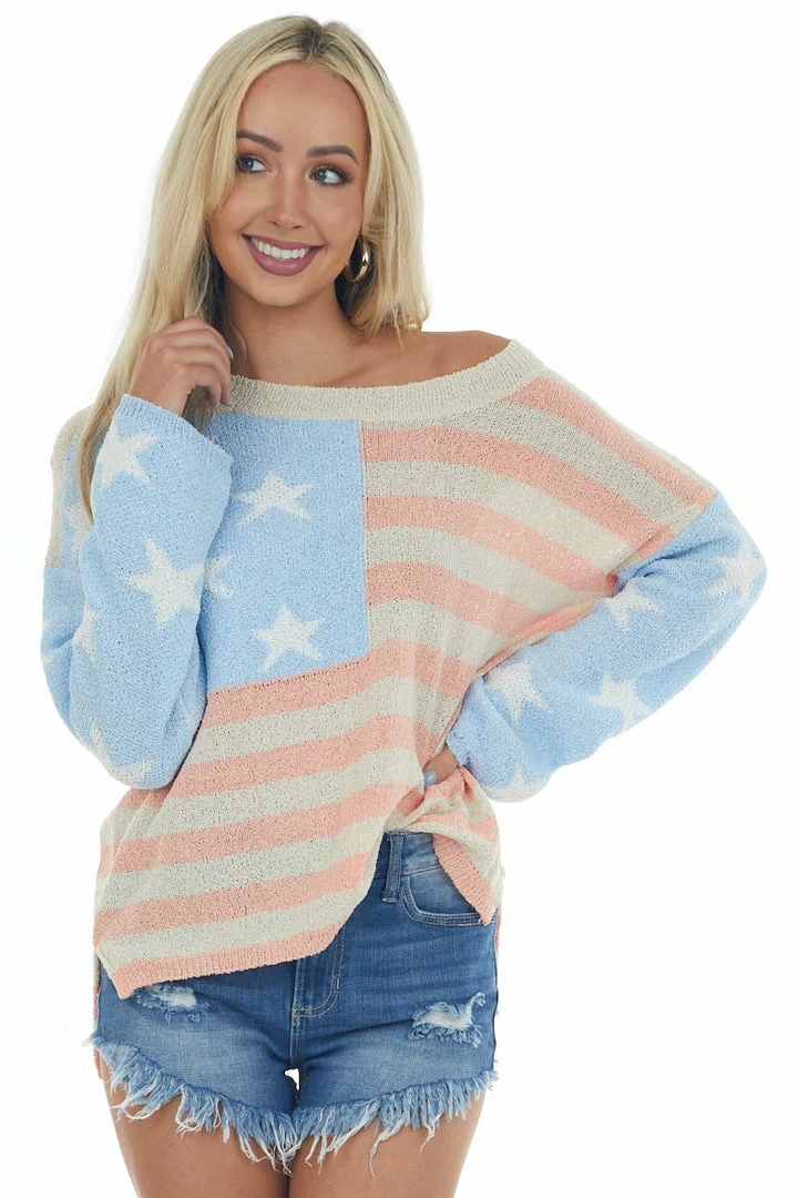 POL Clothing Tops Pastel Blue Americana Print Textured Sweater 3 POL Clothing Tops Pastel Blue Americana Print Textured Sweater