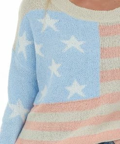 POL Clothing Tops Pastel Blue Americana Print Textured Sweater 13 POL Clothing Tops Pastel Blue Americana Print Textured Sweater
