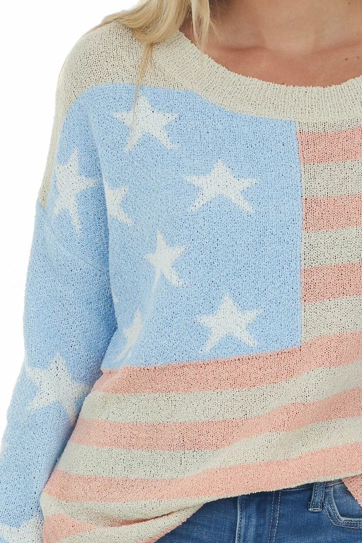 POL Clothing Tops Pastel Blue Americana Print Textured Sweater 8 POL Clothing Tops Pastel Blue Americana Print Textured Sweater
