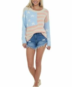 POL Clothing Tops Pastel Blue Americana Print Textured Sweater 10 POL Clothing Tops Pastel Blue Americana Print Textured Sweater