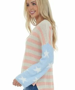 POL Clothing Tops Pastel Blue Americana Print Textured Sweater 11 POL Clothing Tops Pastel Blue Americana Print Textured Sweater