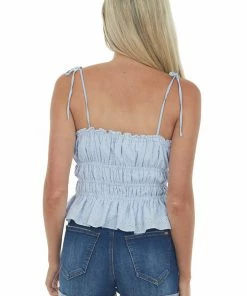 She + Sky Pastel Blue Eyelet Textured Tie Strap Cami Tops