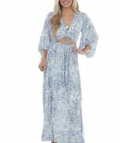 Entro Pastel Blue Floral Print Cut Out Maxi Dress