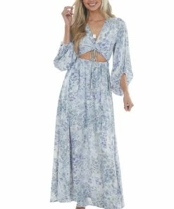 Entro Pastel Blue Floral Print Cut Out Maxi Dress