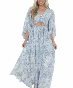 Entro Pastel Blue Floral Print Cut Out Maxi Dress