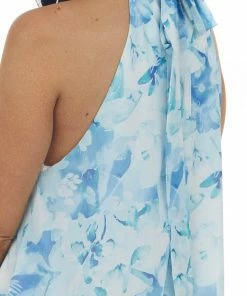 Peach Love Dresses Pastel Blue Floral Print Halter Neck Maxi Dress