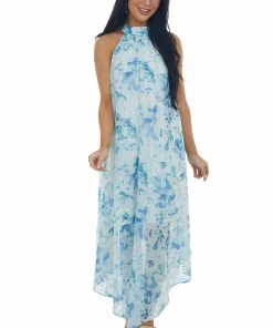 Peach Love Dresses Pastel Blue Floral Print Halter Neck Maxi Dress