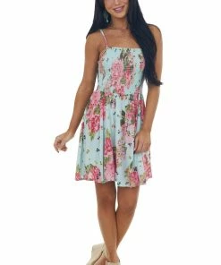 ANGIE Dresses Pastel Blue Floral Print Smocked Short Dress