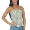 ANGIE Tops Pastel Blue Floral Print Smocked Tank Top