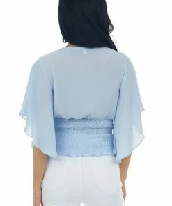 L Love Pastel Blue Flutter Sleeve Ruched V Neck Blouse 16 L Love Pastel Blue Flutter Sleeve Ruched V Neck Blouse