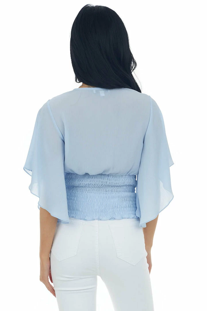 L Love Pastel Blue Flutter Sleeve Ruched V Neck Blouse 9 L Love Pastel Blue Flutter Sleeve Ruched V Neck Blouse