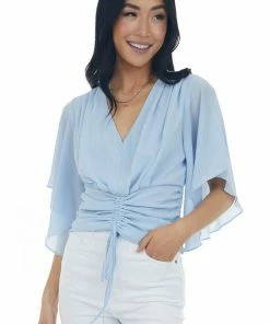 L Love Pastel Blue Flutter Sleeve Ruched V Neck Blouse 12 L Love Pastel Blue Flutter Sleeve Ruched V Neck Blouse