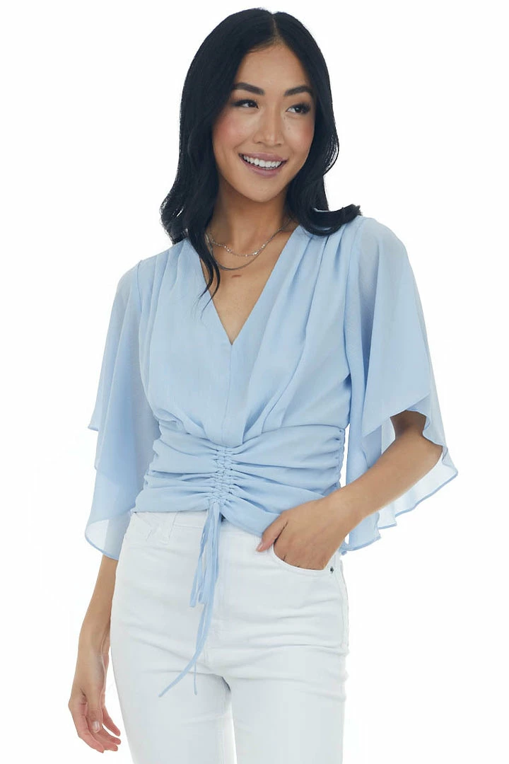 L Love Pastel Blue Flutter Sleeve Ruched V Neck Blouse 5 L Love Pastel Blue Flutter Sleeve Ruched V Neck Blouse