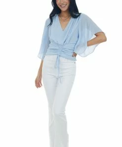 L Love Pastel Blue Flutter Sleeve Ruched V Neck Blouse 13 L Love Pastel Blue Flutter Sleeve Ruched V Neck Blouse