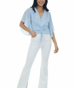 L Love Pastel Blue Flutter Sleeve Ruched V Neck Blouse 14 L Love Pastel Blue Flutter Sleeve Ruched V Neck Blouse