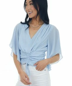 L Love Pastel Blue Flutter Sleeve Ruched V Neck Blouse 15 L Love Pastel Blue Flutter Sleeve Ruched V Neck Blouse