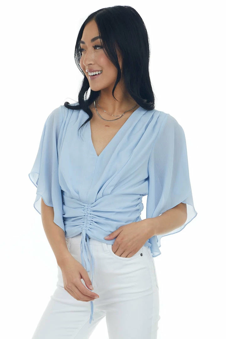 L Love Pastel Blue Flutter Sleeve Ruched V Neck Blouse 8 L Love Pastel Blue Flutter Sleeve Ruched V Neck Blouse